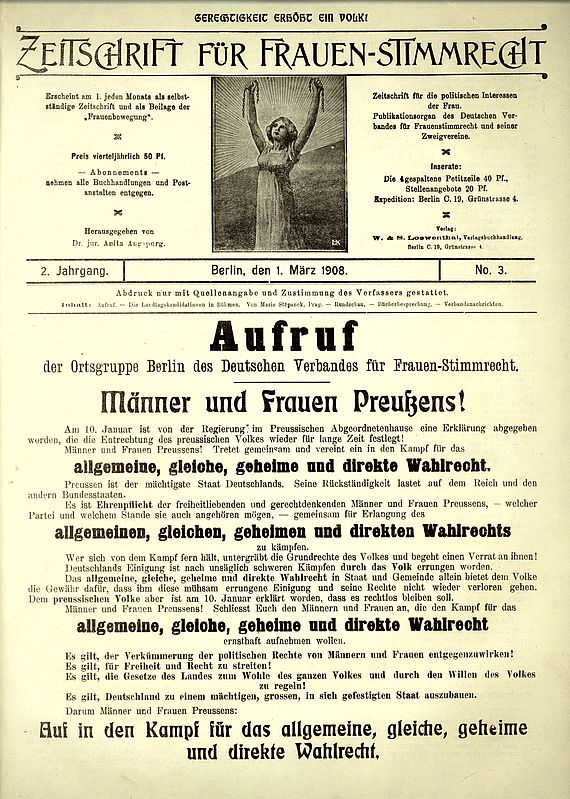 Titel der Zeitschrift für Frauenstimmrecht 1908, Foto: AddF